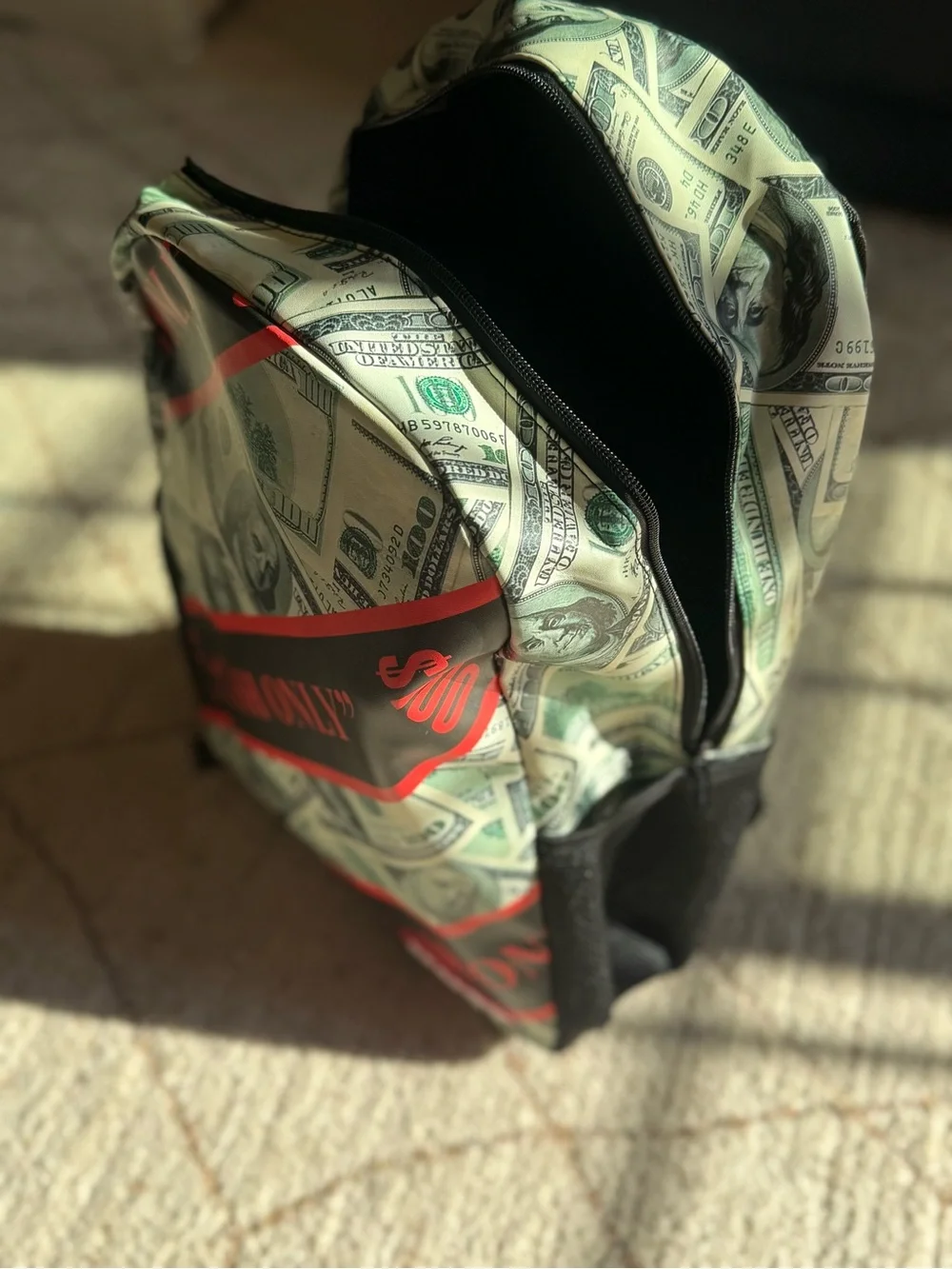 Reason Cash Only $100 Bill Money Print Backpack Black Red Green NWT